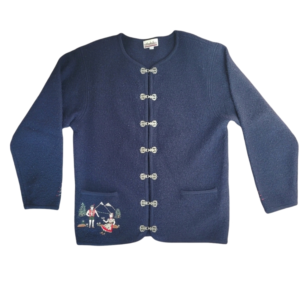 VINTAGE navy blue button down woollen coat with embroidery size small
